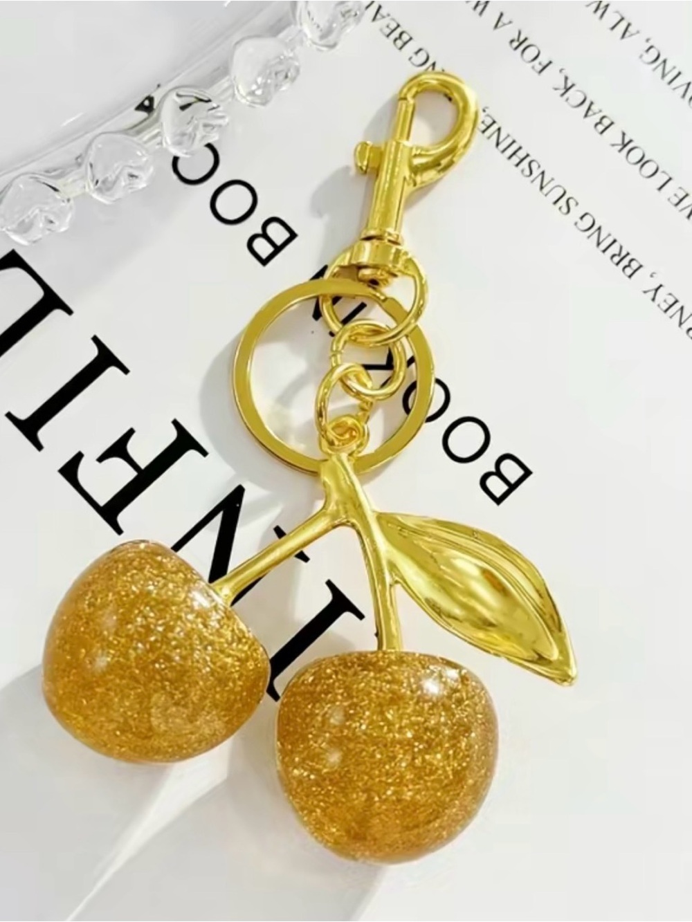 Gold Cherry Keychain - Shimmering Gold Fruit Charm
